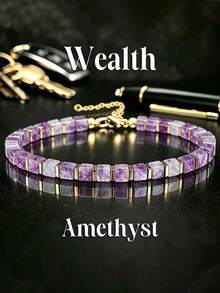 Bohemian Style Amethyst Square Bead Wealth Bracelet, Handmade Natural Gemstone Skin-Friendly Jewelry, Suitable For Different Wrist Sizes, Best Choice For Mother's Day Gift - Purple - View 5