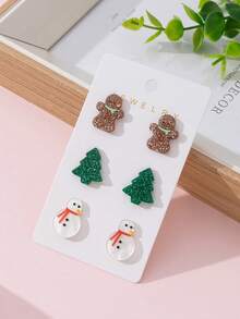 3對/組壓克力聖誕亮面薑餅人、聖誕樹、雪人設計女款時尚耳釘耳環套組，節日派對完美禮物 - 彩色 - 查看 2