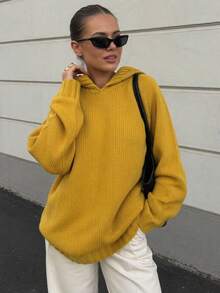 Yellow Loose Knit Pullover Sweater For Women, Autumn/Winter, Slouchy, Soft & Cozy Design Top - Yellow - View 4