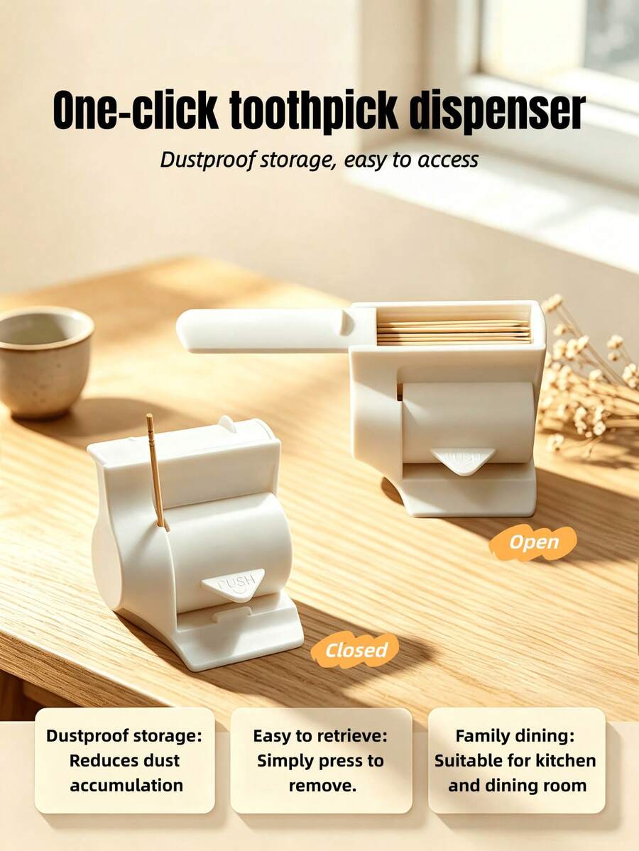 1/2pcs Minimalist Press-To-Pop Toothpick Holder, Dust-Proof Storage Desktop Toothpick Dispenser, One-Click Press To Retrieve Toothpicks, Keeps Clean And Hygienic, Practical Desktop Organizer For Living Room, Dining Table, Kitchen