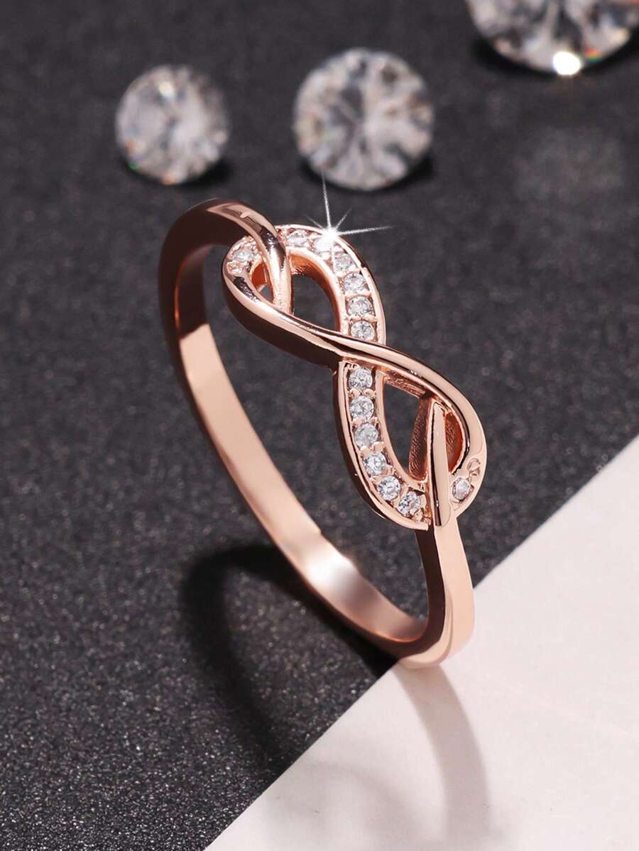 1pc Elegant Romantic Infinity Loop Design Ring With Cubic Zirconia, Perfect Ideal Gift For Valentine's Day, Wedding, Engagement, Anniversary, Daily Wear - Rose Gold - View 1