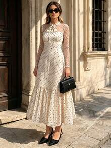Rok Panjang Sedang dengan Leher Bulat dan Lengan Mengembang, Gaun Lengan Panjang Model A-Line Berenda Elegan dengan Motif Polkadot, Pakaian Sehari-hari yang Lembut untuk Wanita di Musim Semi dan Gugur. - Aprikot - View 1
