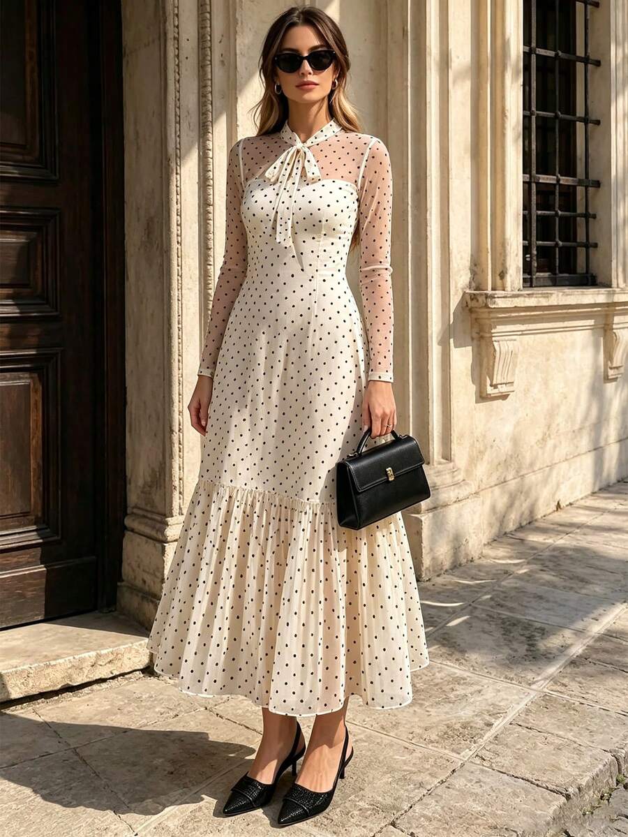 Rok Panjang Sedang dengan Leher Bulat dan Lengan Mengembang, Gaun Lengan Panjang Model A-Line Berenda Elegan dengan Motif Polkadot, Pakaian Sehari-hari yang Lembut untuk Wanita di Musim Semi dan Gugur. - Aprikot - View 1