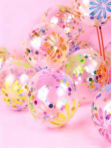 100/50pcs 12-Inch Colorful Floral Print Transparent Sequin Latex Balloons With Balloon Stick Holder, Spring/Summer Tropical Party Decor, Birthday Wedding Bridal Shower Graduation Picnic Party Supplies - Multicolor - View 5