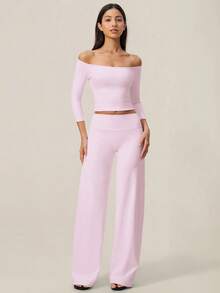 TimeOff Women's One Set Solid Color Open Shoulder Off Shoulder Mid-Sleeve Fitted Top And Wide Leg Long Pants - Pink - View 10