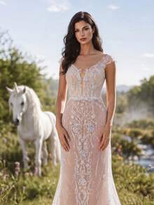 HEARBOBO Elegant Bohemian Deep V-Neck Cap Sleeve Backless Long Wedding Dress, Exquisite Embroidery Sequin Decor, Vintage Romantic Bridal Gown Fall - Apricot - View 8