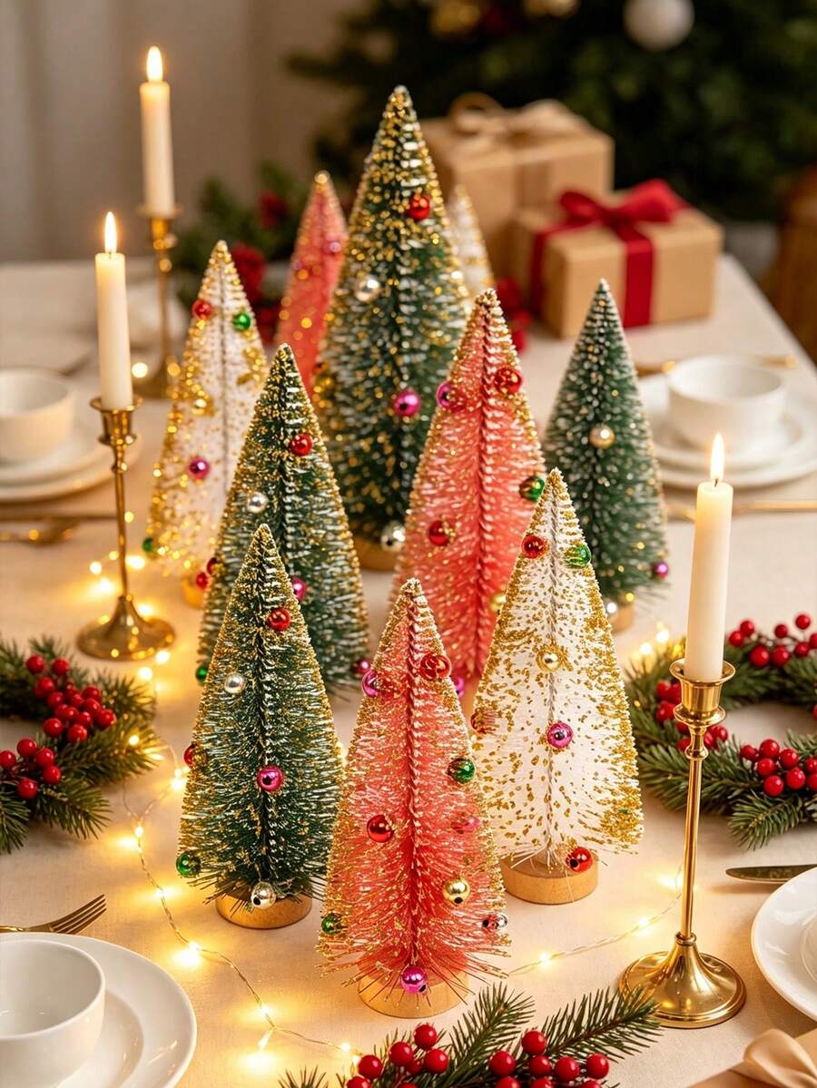 6pcs Set Artificial Three-Color Bell Christmas Tree, Bottle Brush Christmas Tree With Wooden Base, Christmas Decoration, Christmas Party Home Desktop Handmade Decor, Winter Holiday Decoration, Christmas Table Centerpiece - Multicolor - View 1