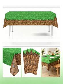 1pc Pixel Grass Map Pattern Disposable Rectangular Tablecloth, Party Birthday Decoration, Waterproof Oil-Proof, Green Lawn Tablecloth - Multicolor - View 3