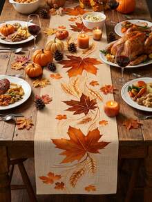 1pc Autumn Maple Leaf Table Runner, Wheat Ear & Autumn Leaf Plant Print Rustic Style Long Table Runner, Suitable For Thanksgiving Harvest Season Farmhouse Dining Table, Kitchen, Coffee Table, Family Gathering And Autumn Party Decor - Multicolor - View 1