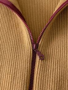 Boys' Hooded Full Zip Long Sleeve Knit Cardigan With Contrast Trim Design, Simple Casual Versatile Knit Jacket Suitable For School Daily Wear In Autumn/Winter - Khaki - View 7