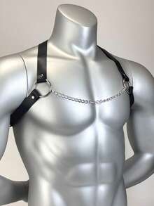 Men Punk Metal Chain Harness Adjustable PU Leather Chest Strap Body Bondage Top Y2K Streetwear Rave Festival Outfit Belt Exotic Accessory - Black - View 4