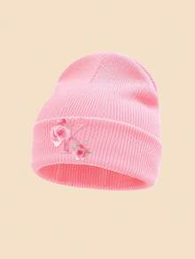 1 Peça Gorro de Tricô Rosa Infantil, Estampa Floral de Letras A-Z, Chapéu Quente de Outono/Inverno, Macio e Confortável com Punho Dobrado, Adequado para Uso Diário, Pode Ser Usado como Presente - Rosa chiclete - Visão 18