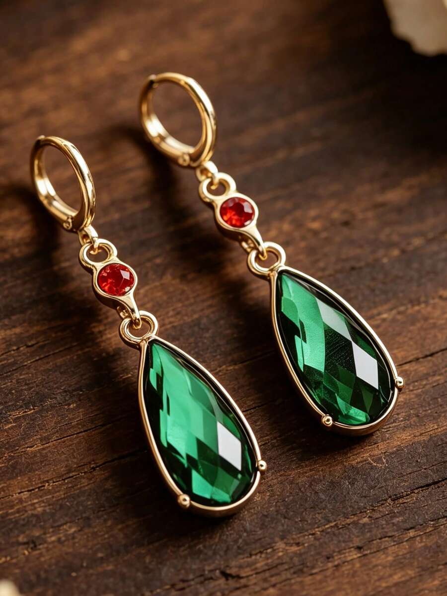 1 Pair Vintage Palace Style Synthetic Emerald Earrings, Gold-Tone Luxury Elegant Exquisite Women's Gift - Yellow Gold - View 1
