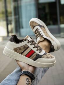 Men's New Fashion Colorblock Striped Random Print Front Lace-Up Skateboard Shoes, Simple Comfortable Outdoor Sports All-Season Versatile Casual Sneakers - Beige - View 7