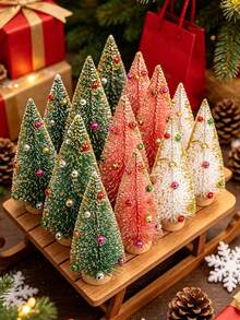 6pcs Set Artificial Three-Color Bell Christmas Tree, Bottle Brush Christmas Tree With Wooden Base, Christmas Decoration, Christmas Party Home Desktop Handmade Decor, Winter Holiday Decoration, Christmas Table Centerpiece - Multicolor - View 4
