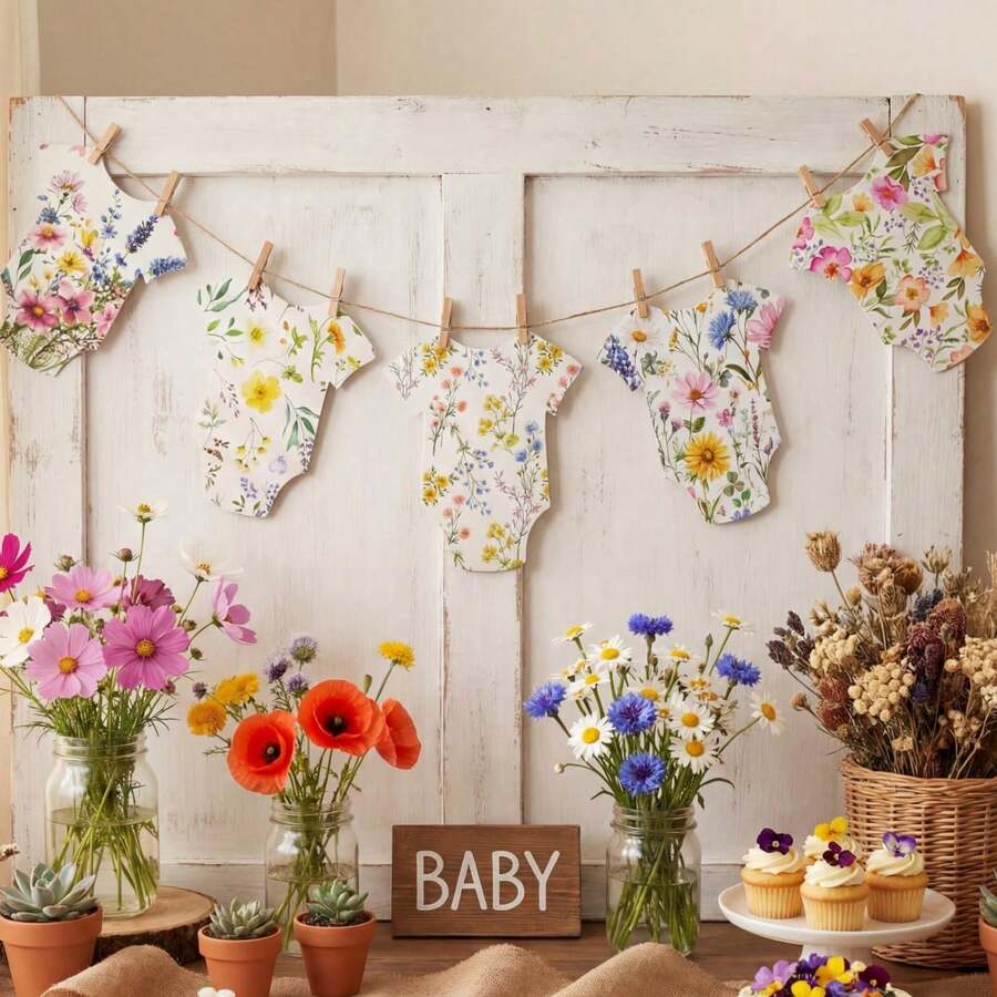 Baby In Bloom Paper Banner, Wildflower Dress Romper Shaped Card Set, Wildflower Theme Baby Shower Decoration Set With Clips And Twine, Suitable For Gender Reveal Party, Baby Shower, Birthday Party Decoration - View 1