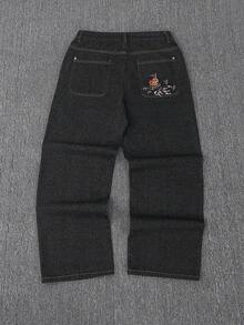 Men's New Embroidered Loose Straight Leg Jeans, Hip Hop Style Denim Pants, Suitable For Men And Boys - Black - View 6