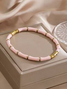 5 pièces/1 pièce Bracelet en acier inoxydable minimaliste avec joint en bambou et goutte d'huile colorée, convient pour le port quotidien et les fêtes des femmes - Multicolore - Voir 6