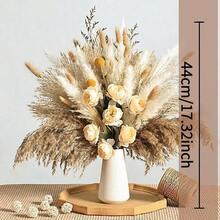 人造芒草花束，香檳色仿真玫瑰與金色球草，鄉村波希米亞風花卉裝飾，適用於居家裝飾、婚禮中心裝飾與活動 - 不含花瓶 - 香檳微風 - 查看 5