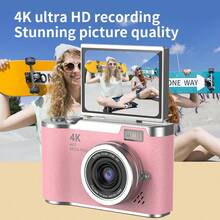كاميرا فيديو رقمية مدمجة محمولة Ultra HD بتركيز تلقائي 48 ميجابكسل ودقة 4K مع اكتشاف الوجوه وشاشة قابلة للطي 2.4 بوصة وتقريب 18X وبطارية قابلة للشحن - وردي - مشاهدة 5