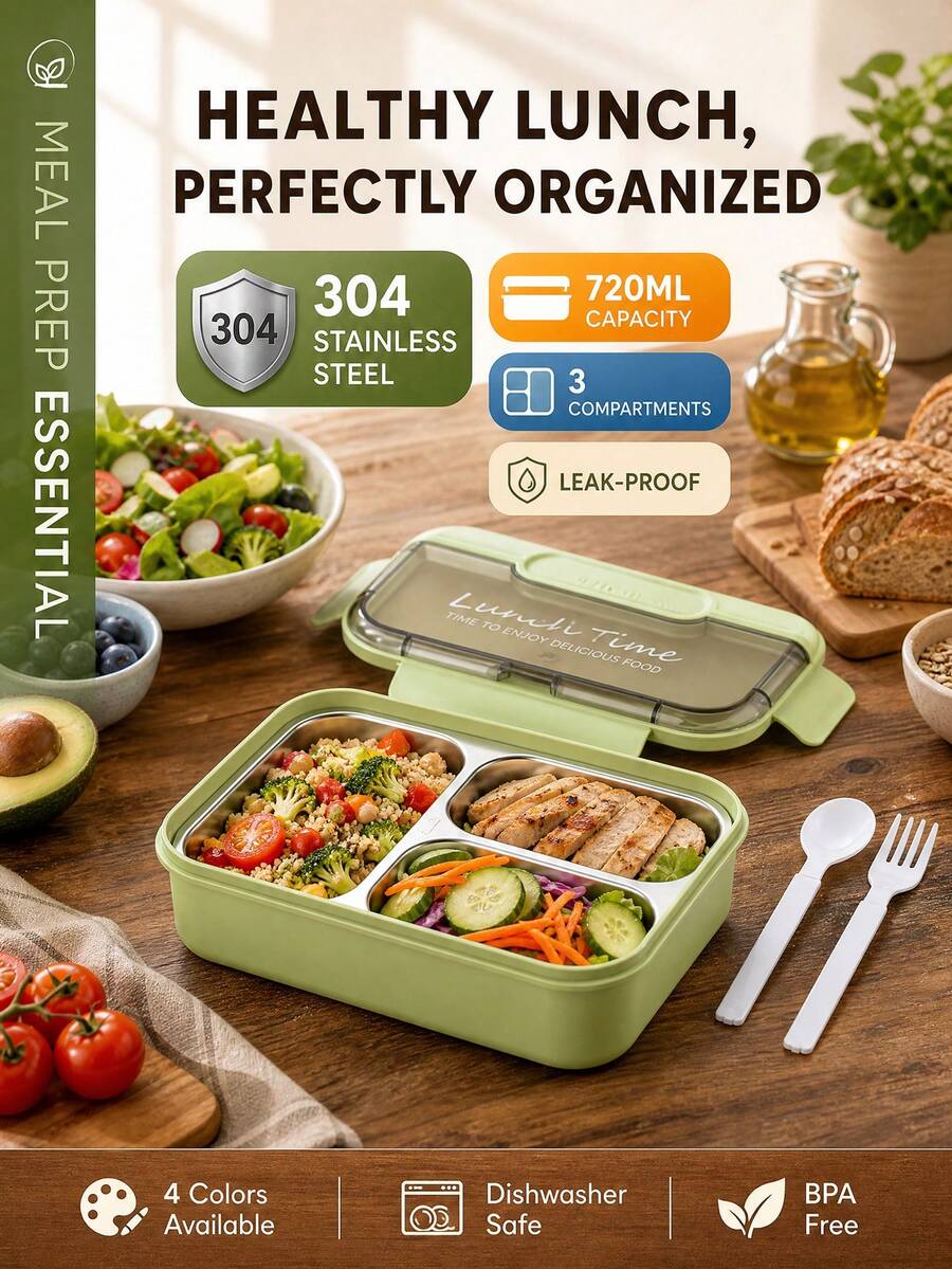 304 Antibacterial Stainless Steel Insulated Lunch Box, 720ml, Suitable For Students Back To School, Office Workers, Full-Time Drivers, Microwave , Dishwasher , Durable And Shock-Resistant. - Multicolor - View 1
