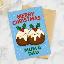 1 Greeting Card + 1 Envelope Adorable Christmas Greeting Card, Cute Pudding Couple Design Merry Christmas, Perfect For Parents, Festive Holiday Cartoon Style Card. - Single Piece - View 9