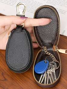 Compact Genuine Leather Key Pouch With Zipper And Hook, Durable And Stylish Leather Car Key Ring Protective Case, 360° Full Protection, With Safety Chain To Prevent Keys From Scratching Phone - Multicolor - View 2