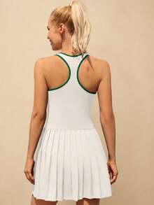 Women's Piped Zipper Placket Pleated Hem Sports Dress With Shorts - White - View 3