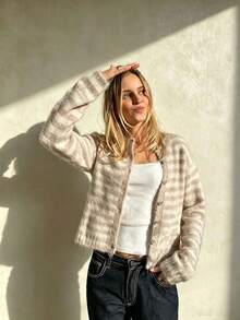 Cardigan Sweater Rajut Lengan Panjang Wanita Kerah Bulat, Garis-garis Warna Kontras, Kancing, Lembut, Kasual, Modis, Serbaguna, Gaya Jalanan Vintage Sehari-hari - MultiWarna - View 6
