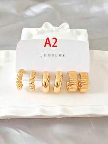 3/9 Pairs Vintage Gold-Tone Metallic Earrings Set, Water Drop, Flower, Twisted, Striped, Geometric Hoop Earrings, Versatile For Commuting - Gold - View 9
