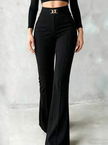 Women's Pure Black High Waist Flare Suit Pants, Gold Metal Interlocking Buckle Decor, Front Seam Slim Fit Flare Pants - Black - View 4