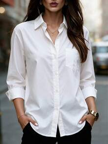 Plus Size Women's Solid Color Front Button Shirt, Lapel Collar Long Sleeve Top With Pockets White - White - View 4