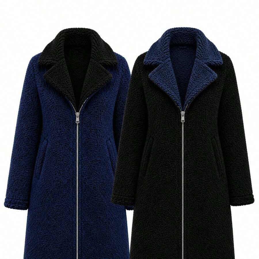 Casaco Feminino Teddy Alongado Dupla Face de Gola Lapela Tecido Peludinho Sherpa Peluciado Por dentro e Por Fora Fechamento de Zíper Noite Feriado Férias viagem Plus Size - Azul Marinho / Preto - Visão 1