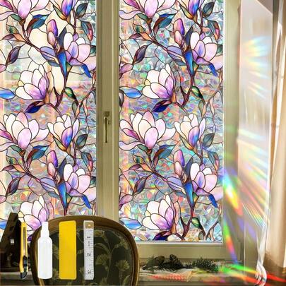 Flower Stained Glass Window Film Decorative Static Cling Stickers Sun BlocFKing Rainbow Privacy Decals For Home Car Purple Magnolia