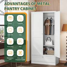 Metal Armoire Wardrobe Closet Tall Steel Clothes Storage Cabinet Unit With Hanging Rod Adjustable Shelves Storage Drawer Organizer Holder For Bedroom Office, White - White - View 8