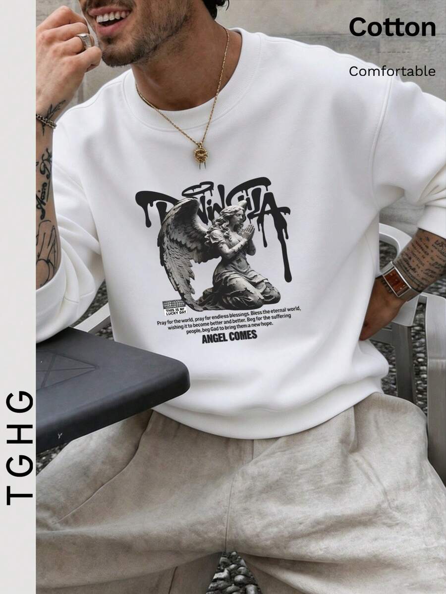 Men's Crew Neck Long Sleeve Lightweight T-Shirt T-Shirt, Decorated With Angel Graphic And Black Text - White - View 1