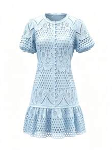 Vusalt 女款夏季白色重工刺繡蕾絲復古優雅泡泡袖修身法式度假洋裝，亦適用於情人節、海灘、婚禮賓客、生日等場合，適合優雅女士的度假穿搭、派對洋裝、萬聖節與節日穿著 - 淺藍色 - 查看 7