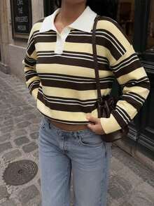 Women's Casual Striped Half-Zip Button Drop Shoulder Long Sleeve Knit Sweater, Vintage Style Fall - Multicolor - View 3