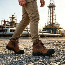 Men's Mid-Top Steel Toe Safety Work Shoes, Top Grain Suede Leather Protective Shoes, Side Zipper Design, Anti-Crush Industrial Work Boots - Brown - View 9