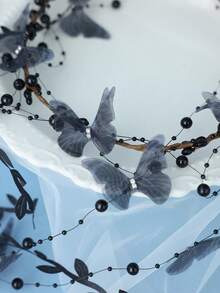 1pc Vintage Black Mesh Butterfly Beaded Tassel Headband, Dark Elegant Bridal Wedding Accessory - Black - View 5