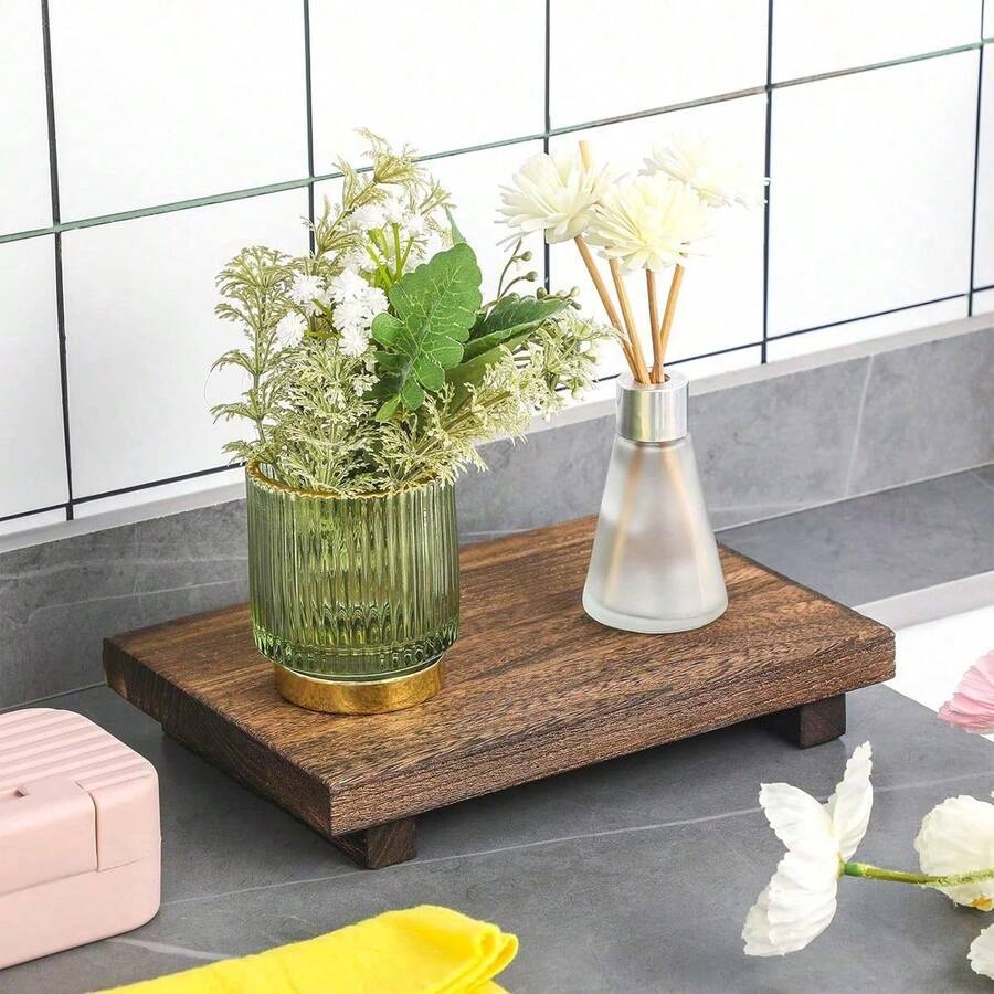 Wooden Bathroom Tray 9.1" X 3.5" X 1.6", Rustic Farmhouse Wood Pedestal Soap & Candle Holder, Handmade Natural Texture Display Shelf For Bathroom Vanity, Kitchen Countertop, Sink, Office Desk & Home Decor – Coffee/Black - A - View 1