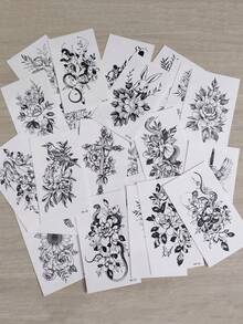 30pcs Black Sketch Waterproof Tattoo Stickers, Flower,Flower Snake Small Patterns Temporary Tattoo Stickers For Woman And Men Hands, Body Decor - Black - View 9
