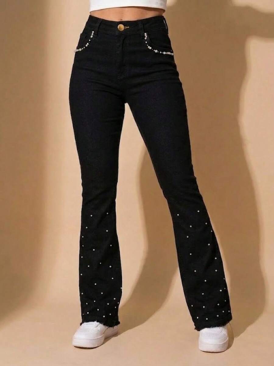 pthirillo Women's Black Flare Jeans With Rhinestones, High Waist, Butt-Lifting, Premium Shine - Lumina Pearls 酒吧和口袋 - 查看 1