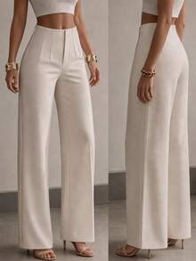 Women's Solid Color Wide Leg Straight Casual Pants, Minimalist Business Versatile Commuter Trousers Spring - Apricot - View 2