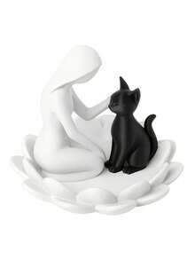 Human And Cat Statue, Modern Black And White 3D Printed Desktop Sculpture, Creative Cat Lover Decor, With Floral Base, Artistic Office Desk Ornament, Suitable For Living Room, Bedroom, Office, Bookshelf, Birthday, Anniversary And Housewarming Gift - Multicolor - View 12