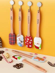 Custom Text Logo Silicone Scraper With Wooden Handle, Cream Spatula, Christmas Scraper, Butter Stirring Knife, Baking Scraper, Christmas Series Silicone Scraper, Kitchen Baking Cream Spatula, Dessert Cake Scraper, Baking Tools - Multicolor - View 3