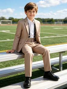3-Piece Formal Suit Set For Big Boys, Lapel Blazer, Trousers And Suspenders, Suitable For Weddings, Birthday Parties, Stage Performances And Other Formal Occasions - Khaki - View 4