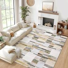 Modern Home Decor Patchwork Living Room Area Rug Stain Resistant Non Slip Hallway Runner Rug Printed Thin Low Pile Mat Throw Rug Washable Bordered Carpet Easy To Clean Soft Non Shedding Floorcover For Dinning Room Kitchen Laundry Bathroom Bedroom - 卡其色 - 查看 3