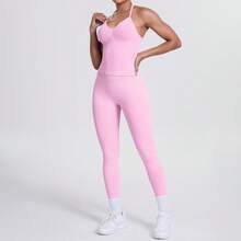 2pcs Women's Fitness Workout Set, Seamless Yoga Halter Top, High Waist Butt-Flattering Leggings, Gym Training Sportswear Pink - Pink - View 10