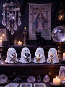 1pc Halloween Ghost Hugging Kitten Resin Figurine Set, Cute & Quirky Desktop Decor, Suitable For Home Office Bookshelf Display, Holiday Party Gift Ornament, Perfect For Spooky Season Collectors - New Arrival - Ghost - View 2